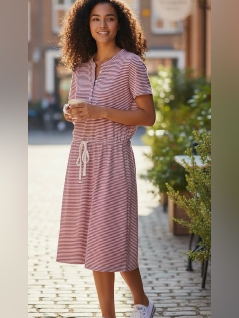Lands End Red White Striped Drawstring Henley Dress Size Large
